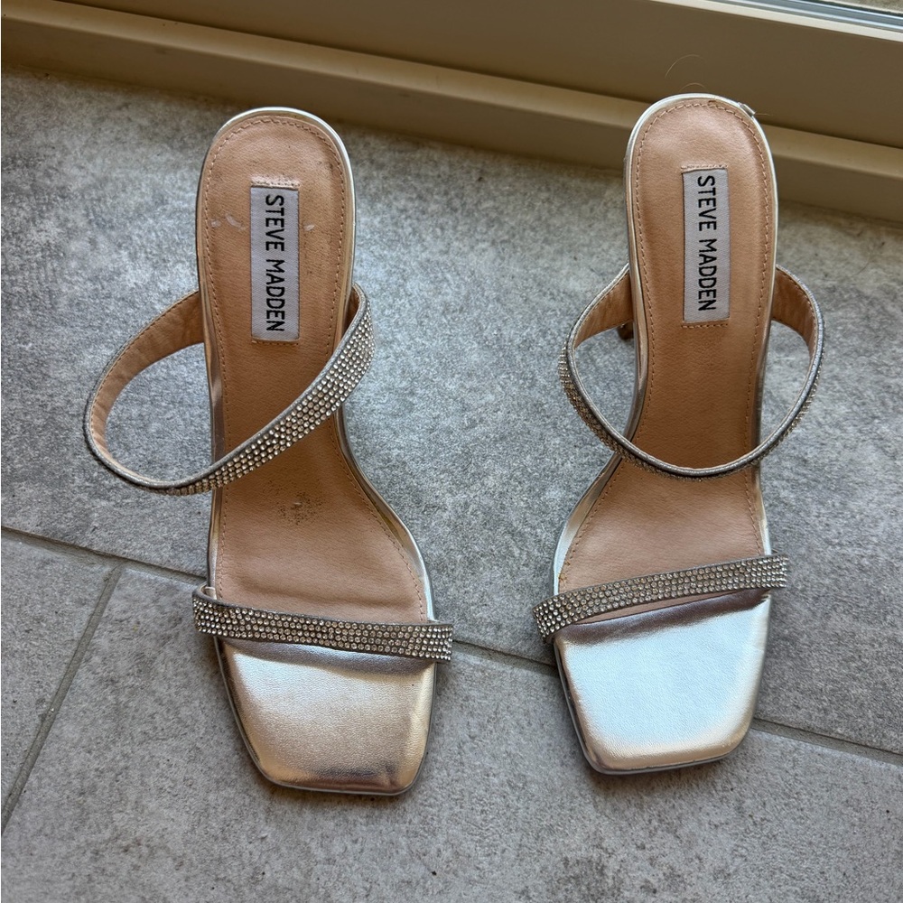 Steve Madden Metallic Silver Rhinestone Two-Strap Heels
